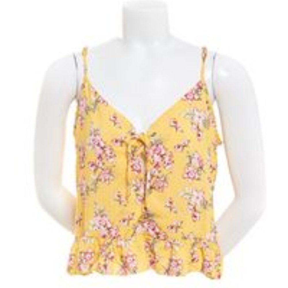 Derek Heart Lace Up Ruffle Yellow Floral Tank Top